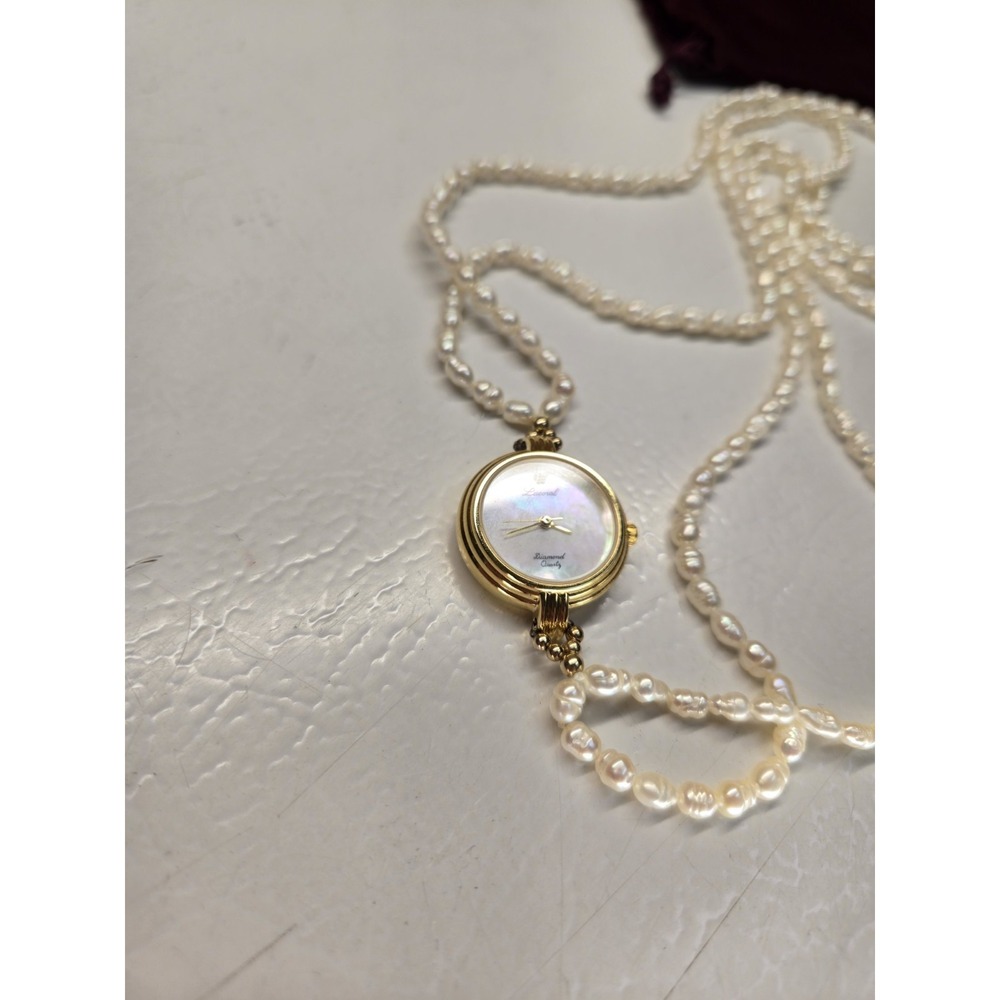 Lucoral Diamond Quartz Watch Necklace Fresh Water Pearl Gold Tone